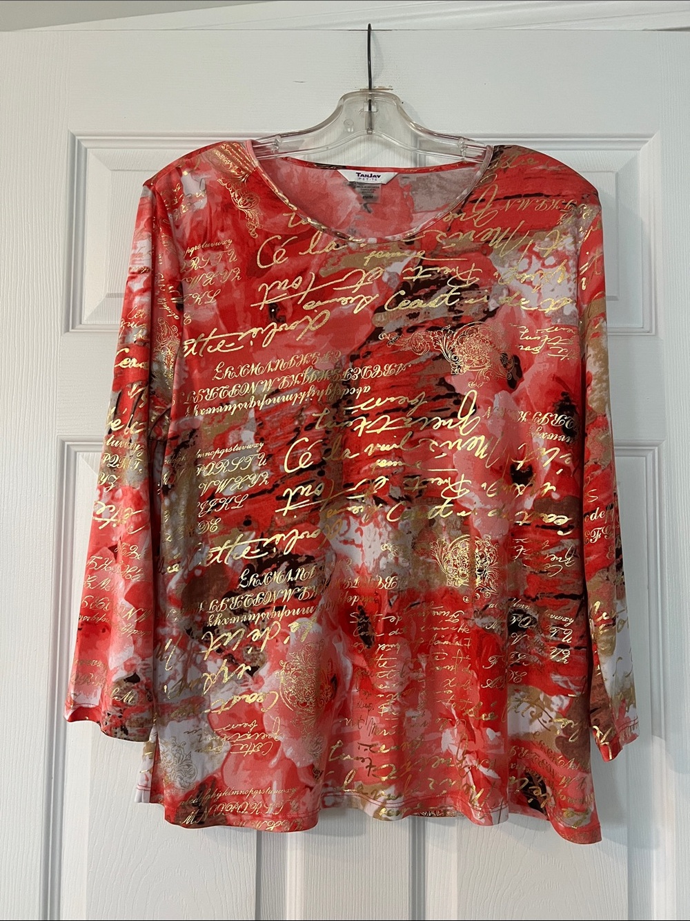 TanJay Red and Gold Script Long Sleeve Top
